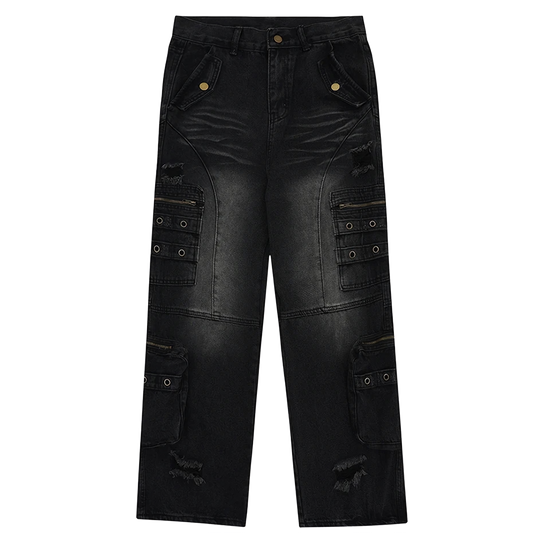 Distressed Black Cargo Denim Jeans - Edgy Streetwear Pants