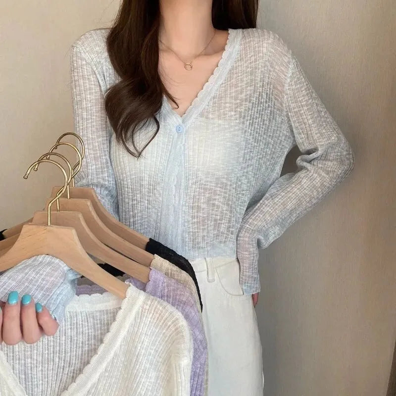 V-Neck Thin Sunscreen Korean Style Knit Summer Cardigan