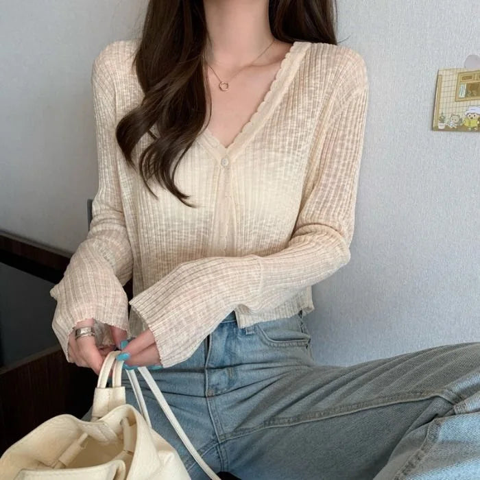 V-Neck Thin Sunscreen Korean Style Knit Summer Cardigan