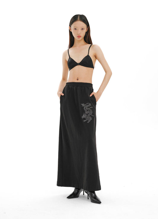 Majestic Dragon Embroidered Wide-Leg Skirt