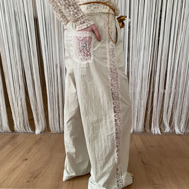 Lace Patchwork White Wide Leg Pants