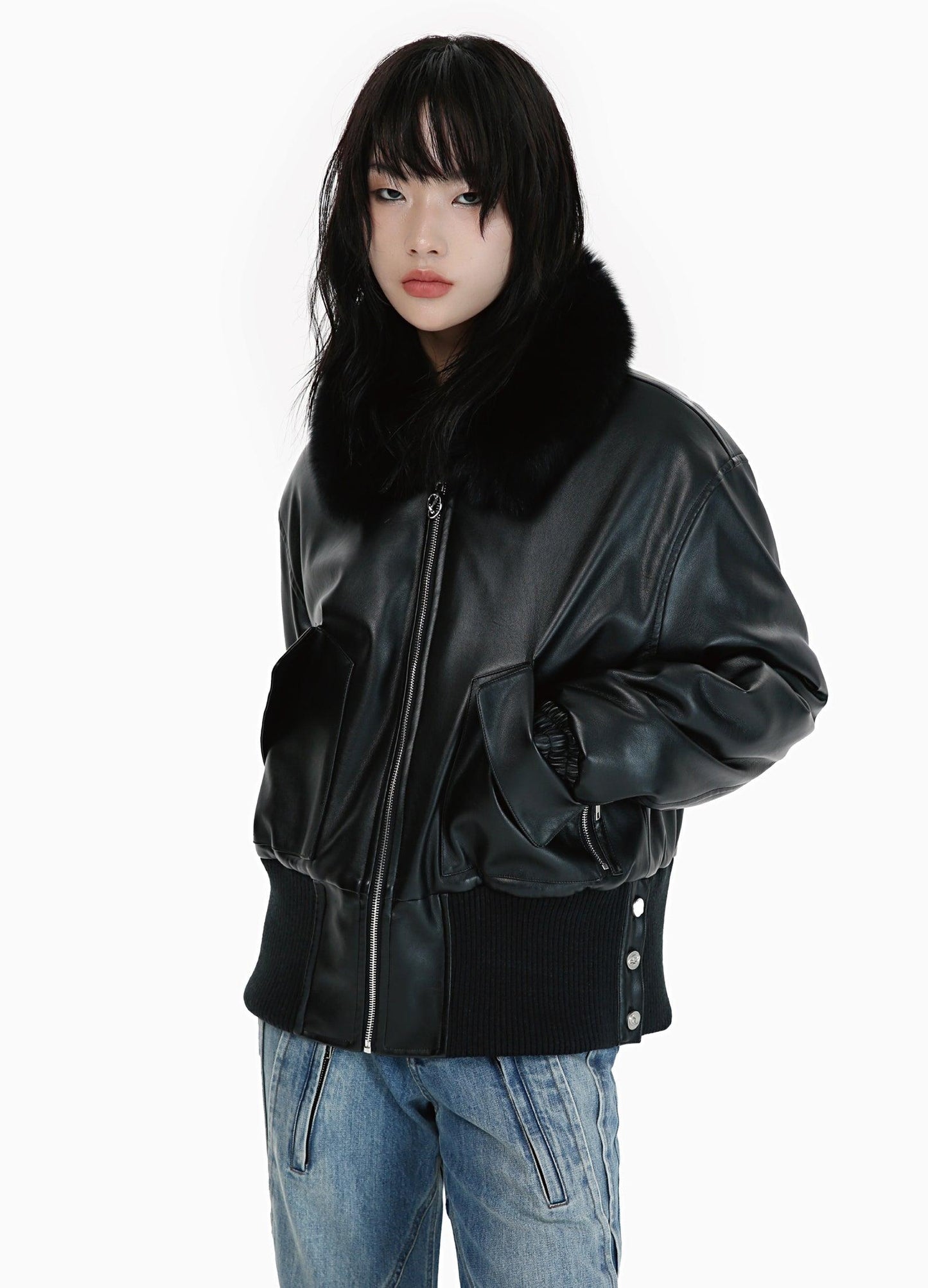 Winter-Ready Pu Leather Jacket With Removable Fur Collar