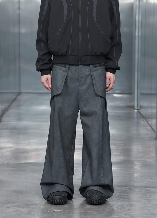 Dual-Layer Charcoal Wide Leg Trousers