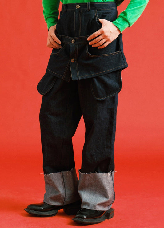 Dual-Waist Navy Denim Pants