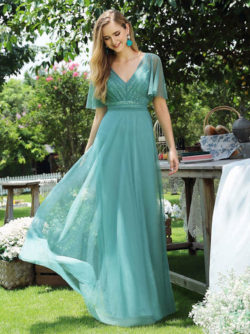 Eye-catching V-neck A-line Tulle Evening Dress with Ruffled Sleeves