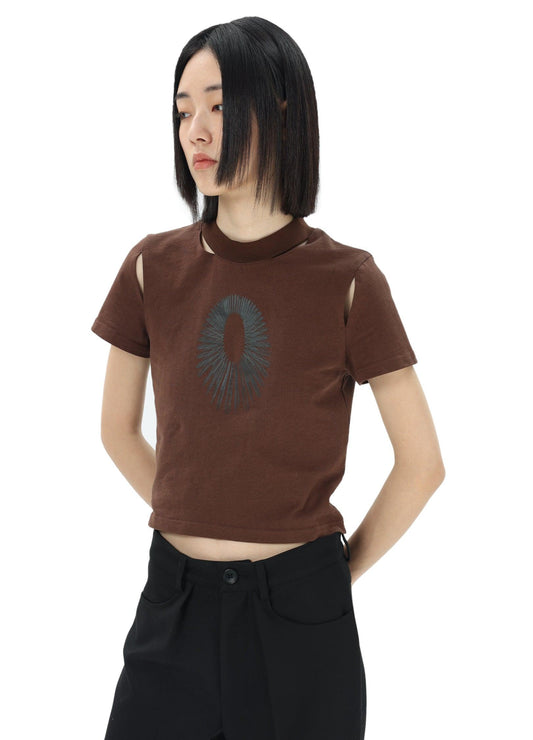 Chestnut Digital Print Hollow Crop Top