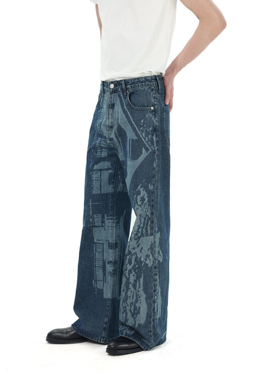 Architectural Print Flared Denim Jeans