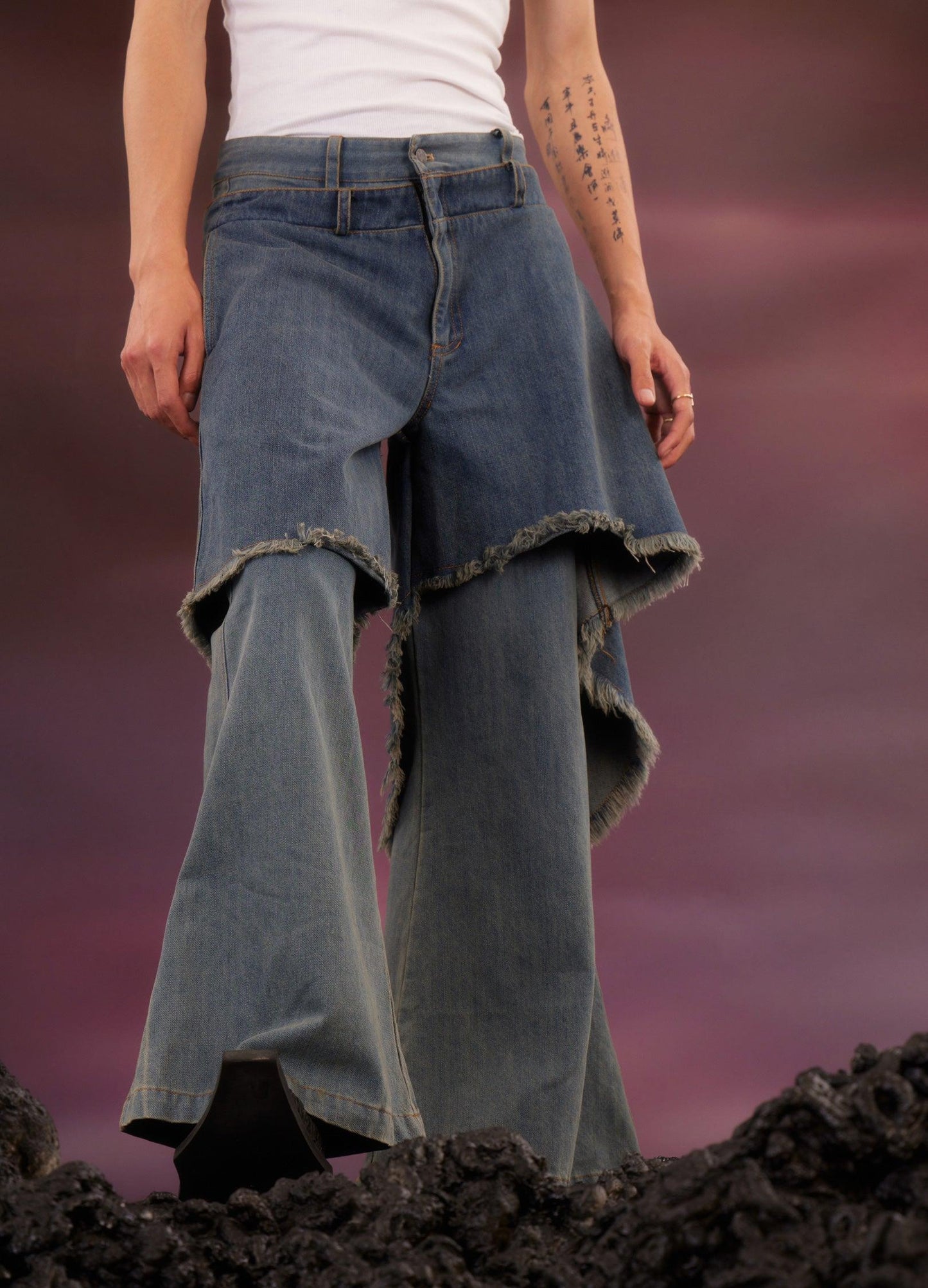 Retro Distressed Denim Flare Pants