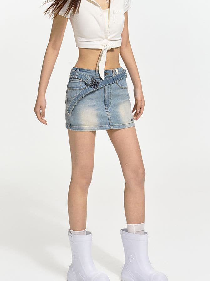 Mcro-Mini Denim Casual Faded Skirt