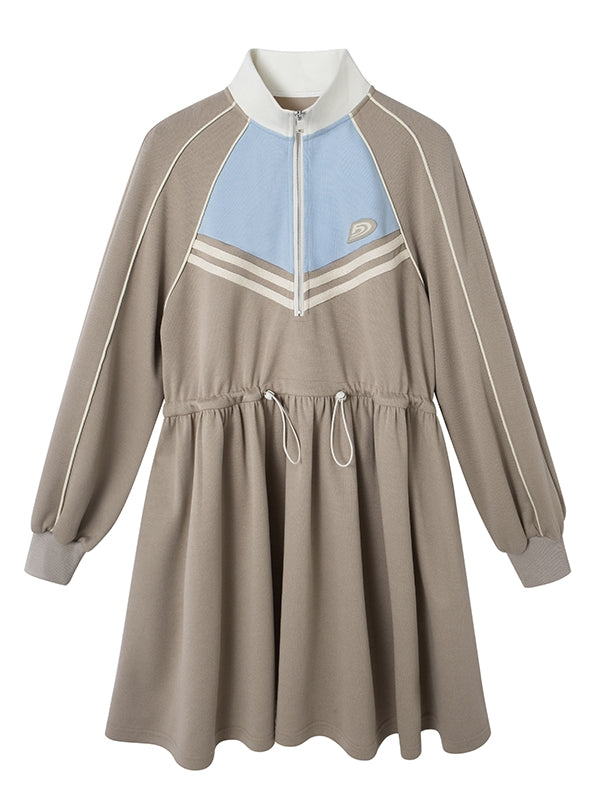 Sporty Flare Stand-Collar Drawstring Jumpsuit