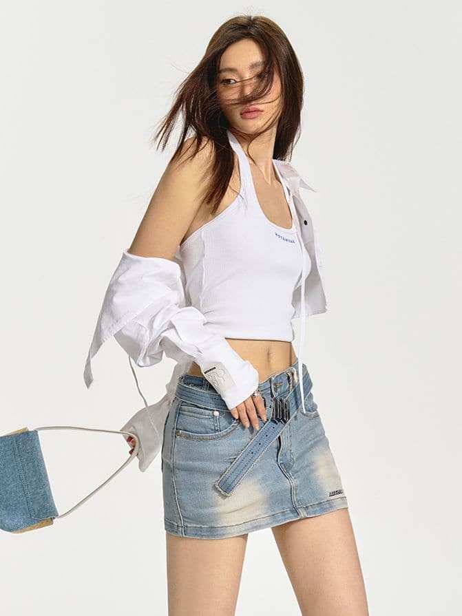 Mcro-Mini Denim Casual Faded Skirt