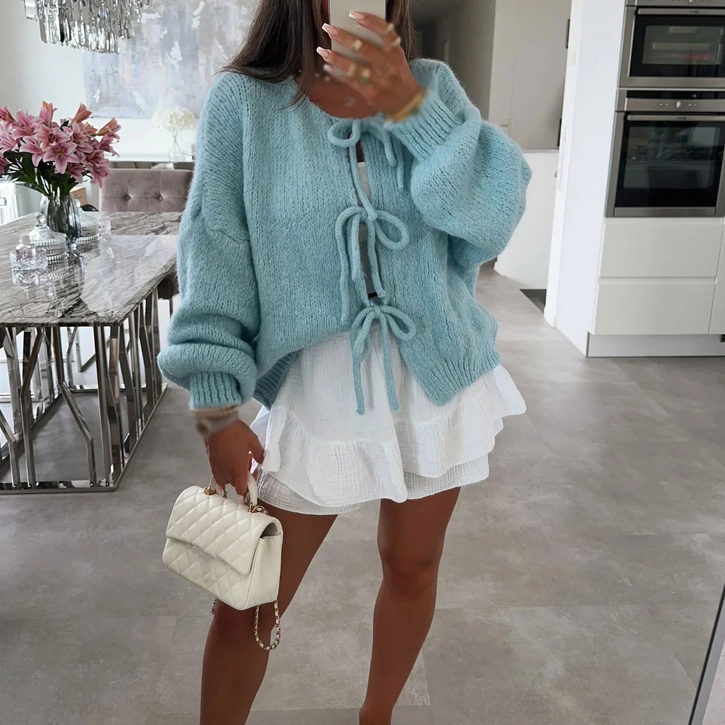 Lace-Up Hollow Out Patchwork Cardigan