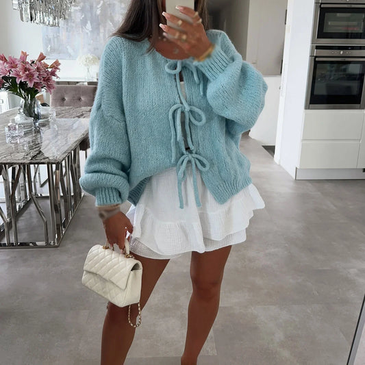 Lace-Up Hollow Out Patchwork Cardigan