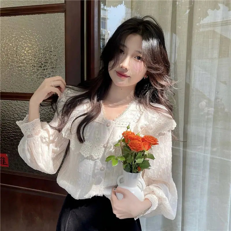 Lace Ruffle Edge Long Sleeve Blouse Sweet Blouse