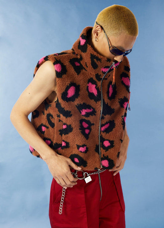 Y2K Leopard Print Fleece Cropped Vest