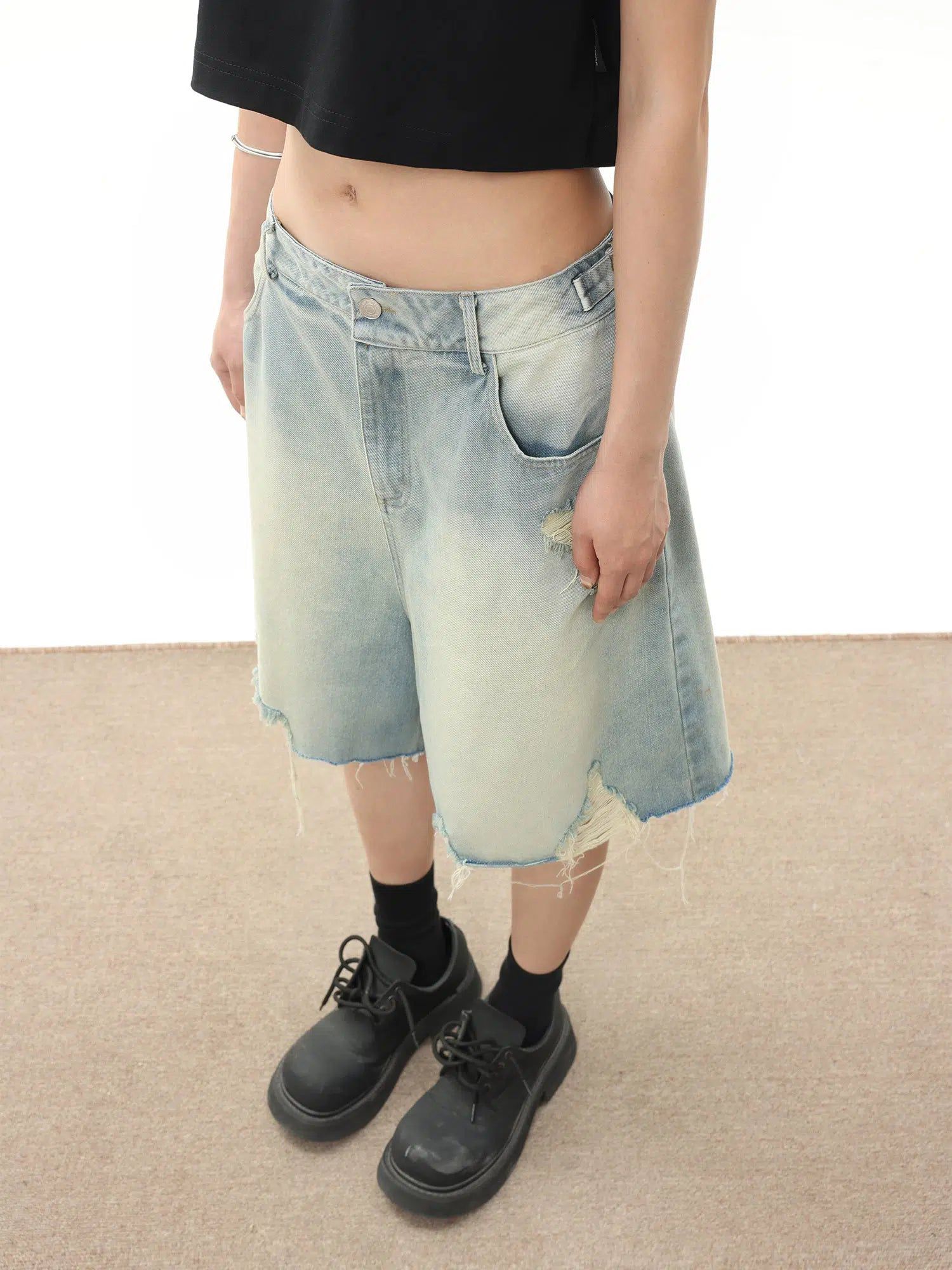 Denim Shorts With Distressed Knees