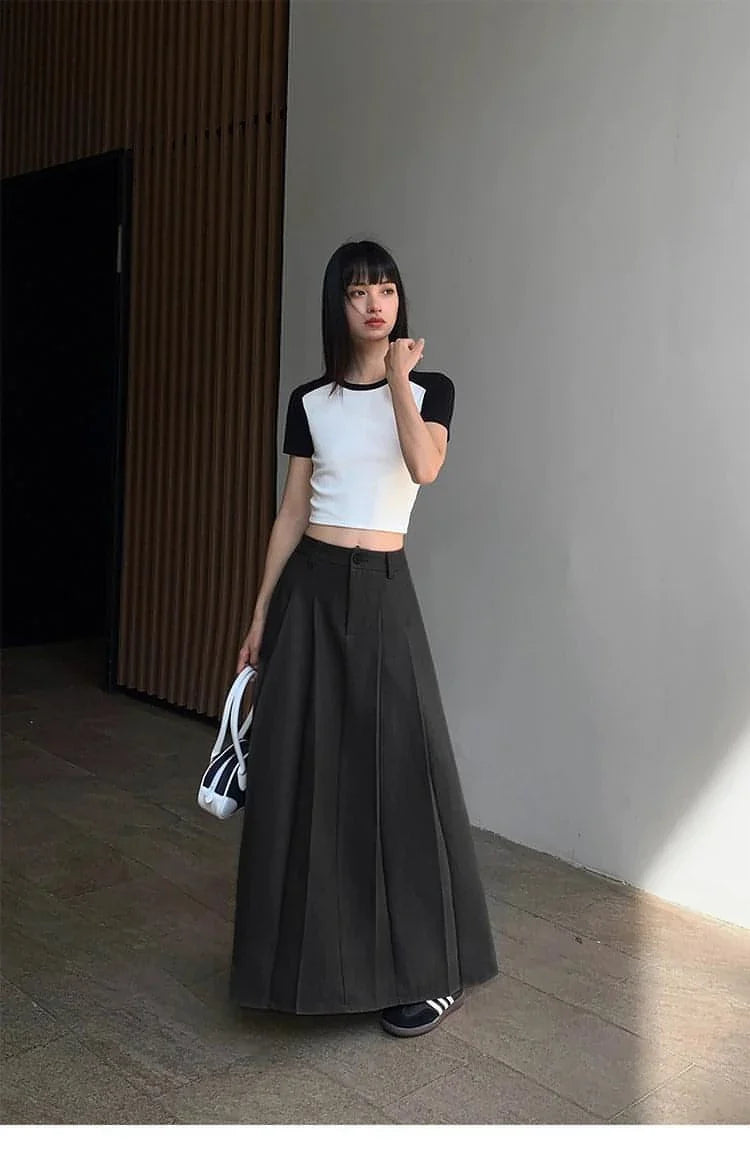 Summer Black High-Waisted Pleated Midi Skirt