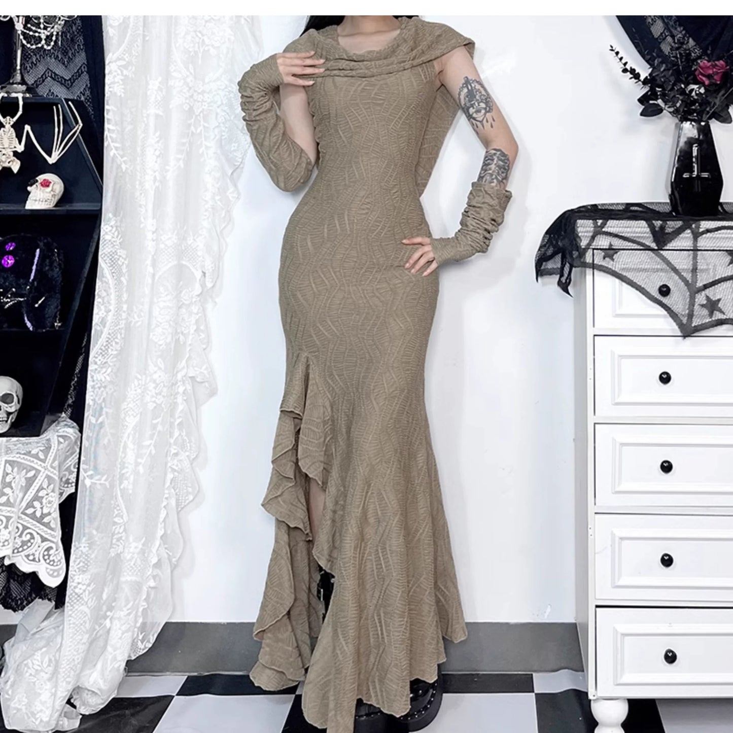 Wannathis Avant-Garde Hooded Maxi Dress - Taupe Cold Shoulder Gown With Ruffle Detail