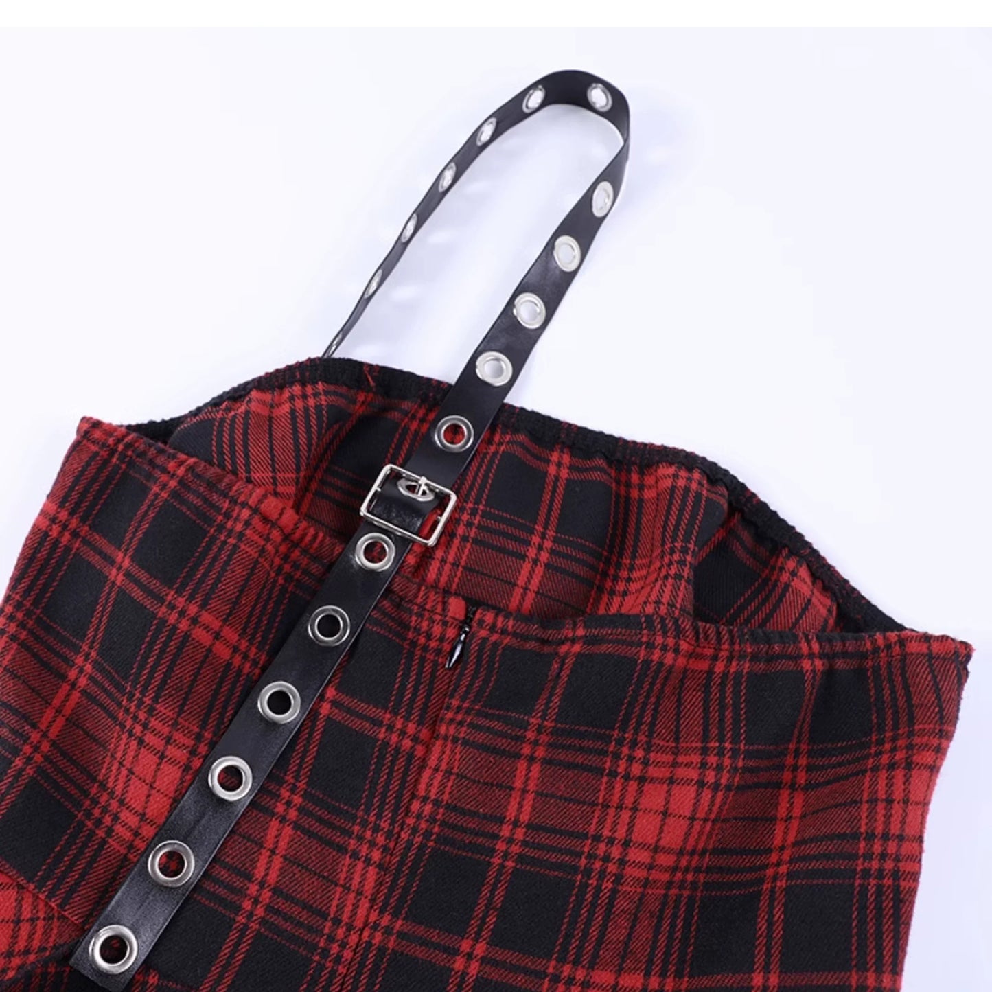 Wannathis Punk Tartan Mini Dress - Red Plaid Ruffle Tiered Goth Dress With Studded Harness