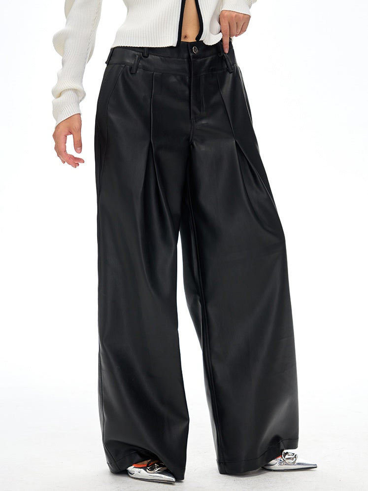 Pu Leather Loose Wide-Leg Casual Pants