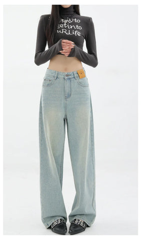 Blue Retro Loose Straight-Leg High-Waist Floor-Length Jeans