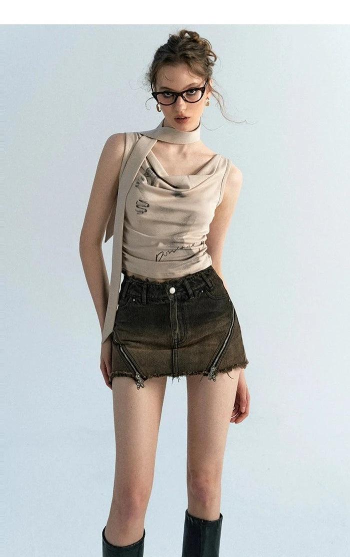 Of Akiva Distressed Denim Mini Skirt - Women'S High-Waisted Ombre Fade Jean Skirt With Frayed Hem And Zipper Details