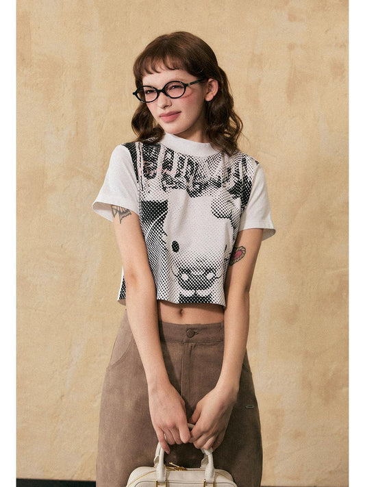 Ezek Artistic Halftone Print White Oversized T-Shirt And Gray Pleated Mini Skirt Set - Unisex Urban Streetwear