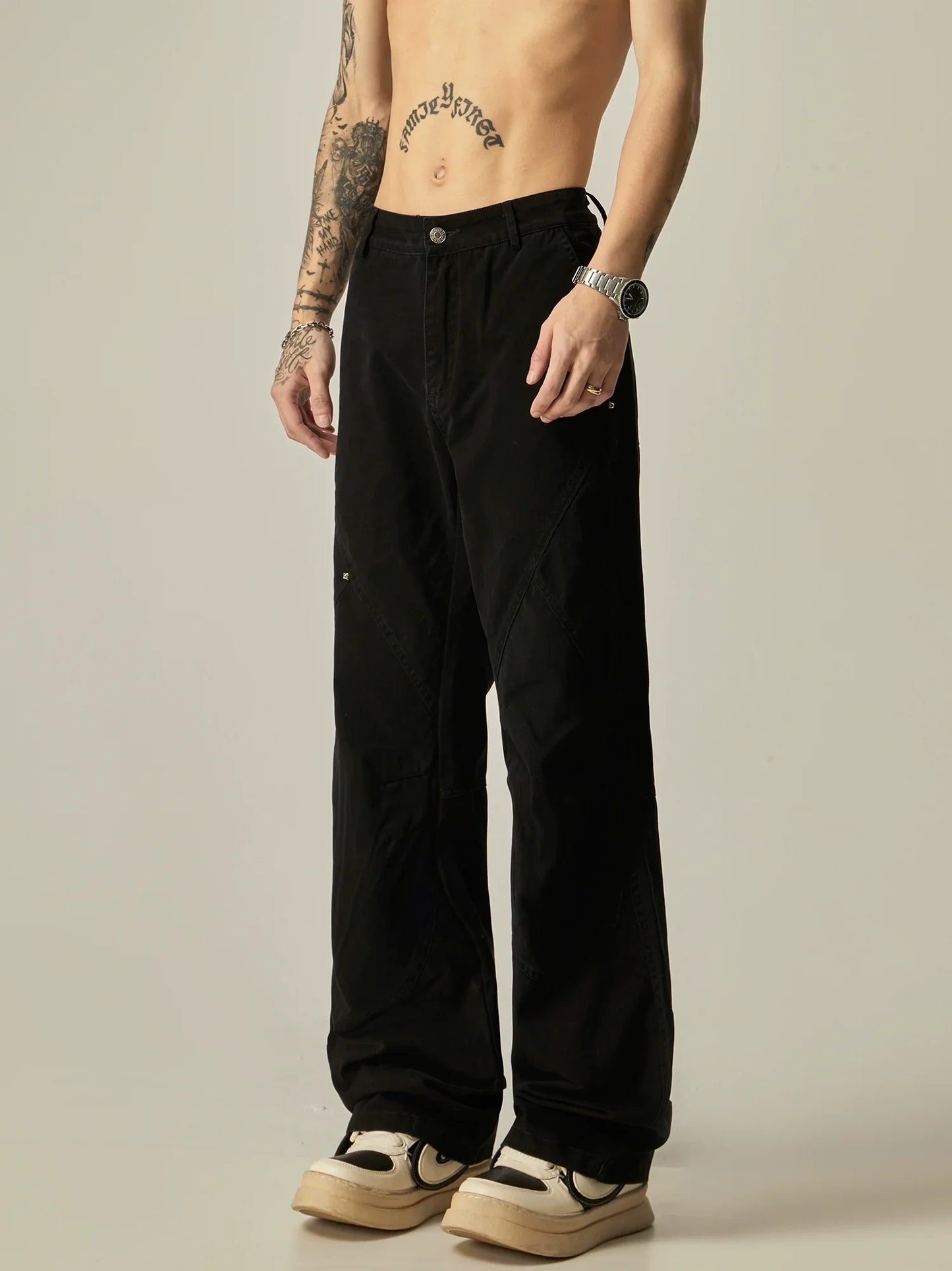 Wide-Leg Paneled Black Trousers