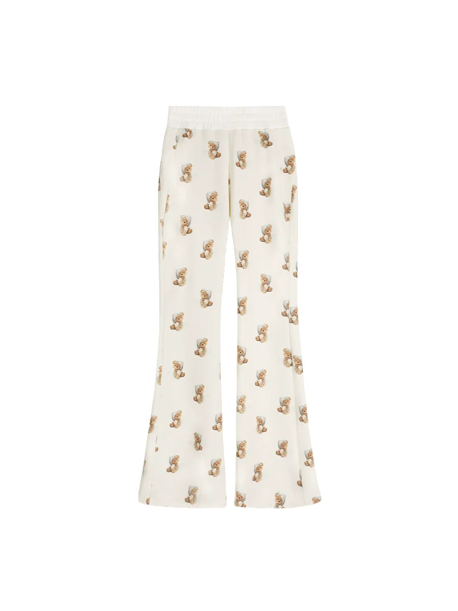 Trendy Bear Print Casual Pants With Subtle Flare Leg