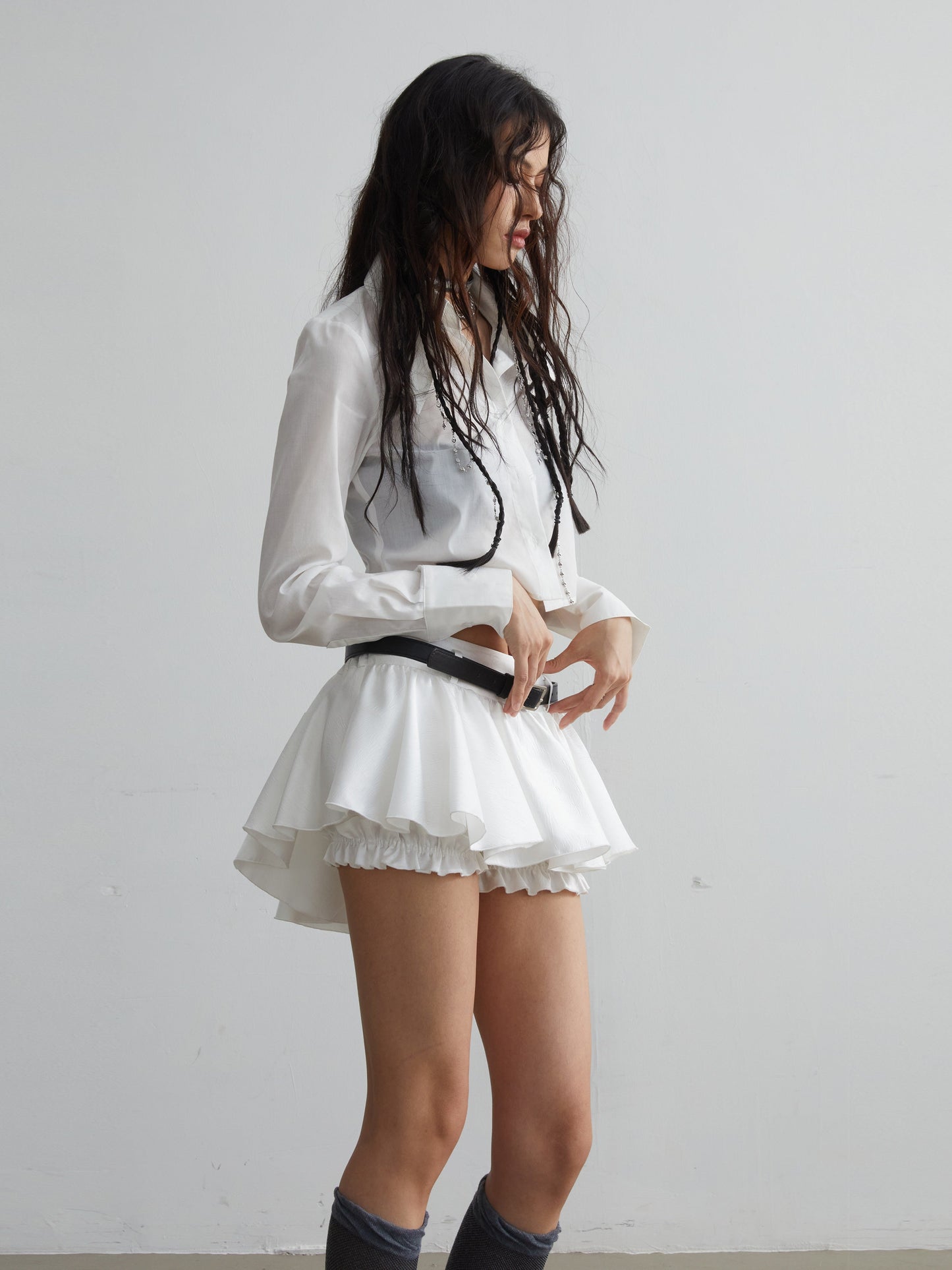 Ruffled Mini Skirt With Belt Embellishment