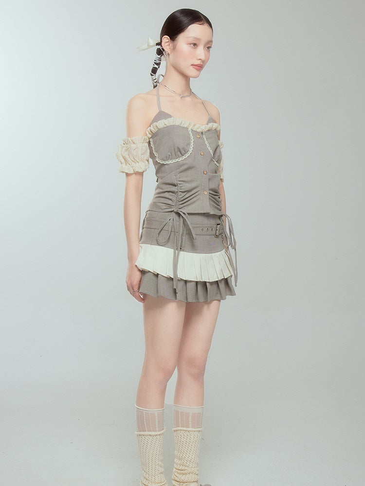 Pleated Cake Skirt With Halter Neck Suspender Top