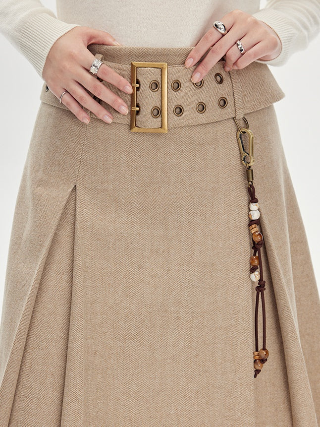 Beige Pleated Midi Skirt With Wide Belt - Wool Blend A-Line Winter Skirt