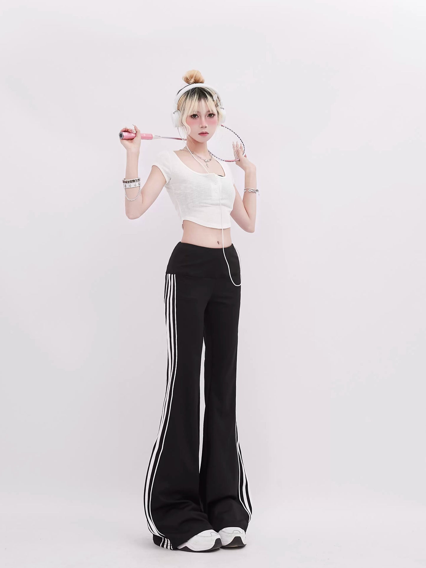 Side Stripe Design Slim Micro Flare Pants
