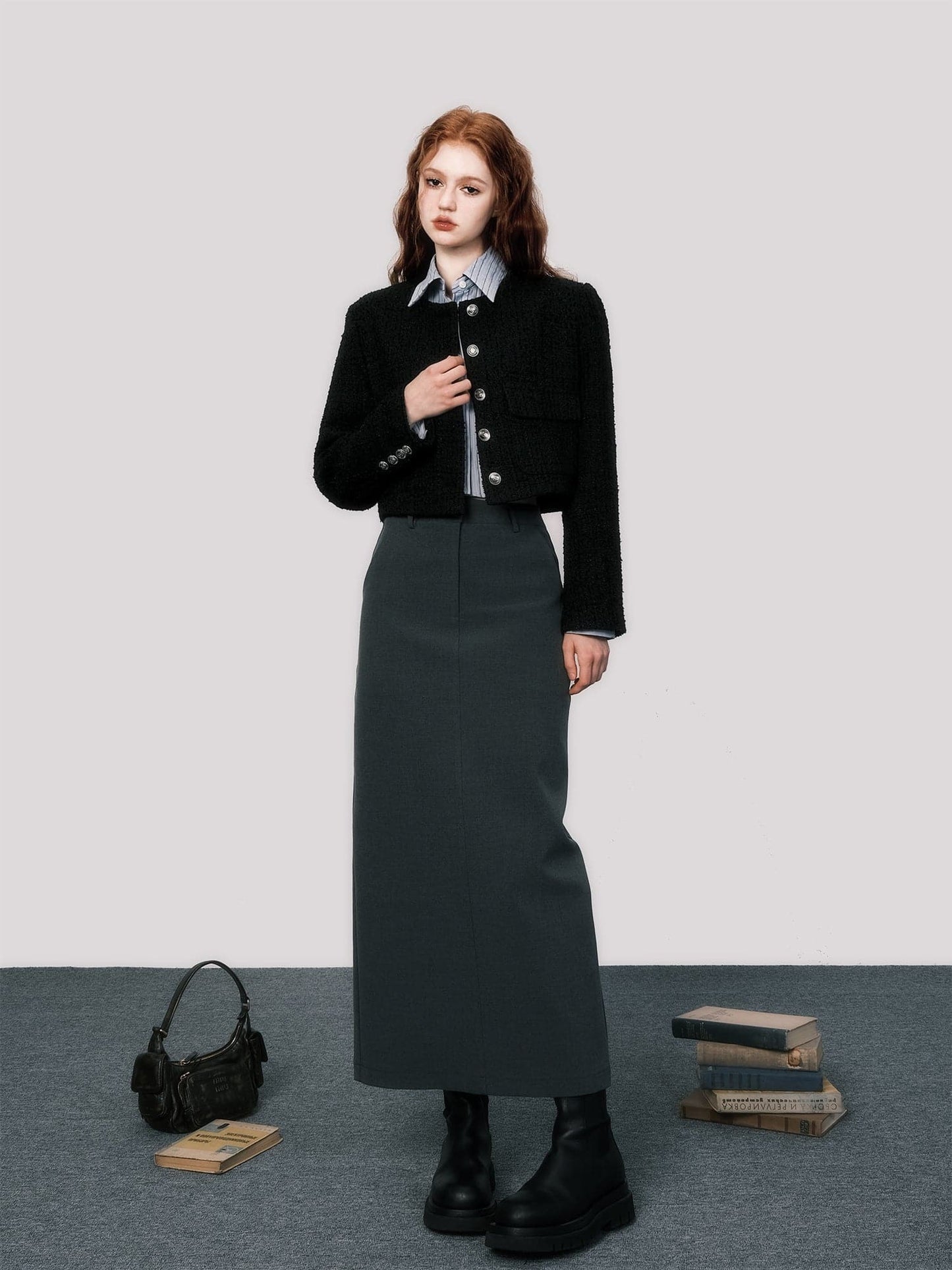 Sleek No-Collar Tweed Short Jacket