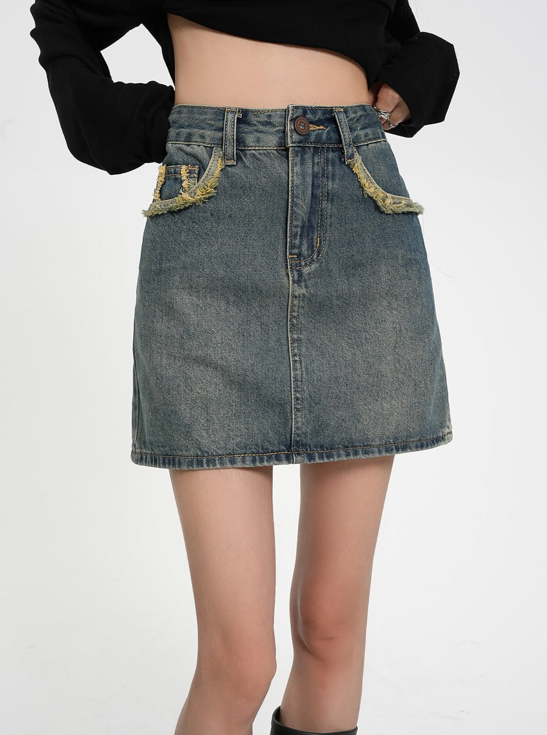 Vintage-Inspired Denim Mini Skirt - Two-Tone Patchwork Jean Skirt with Raw Hem