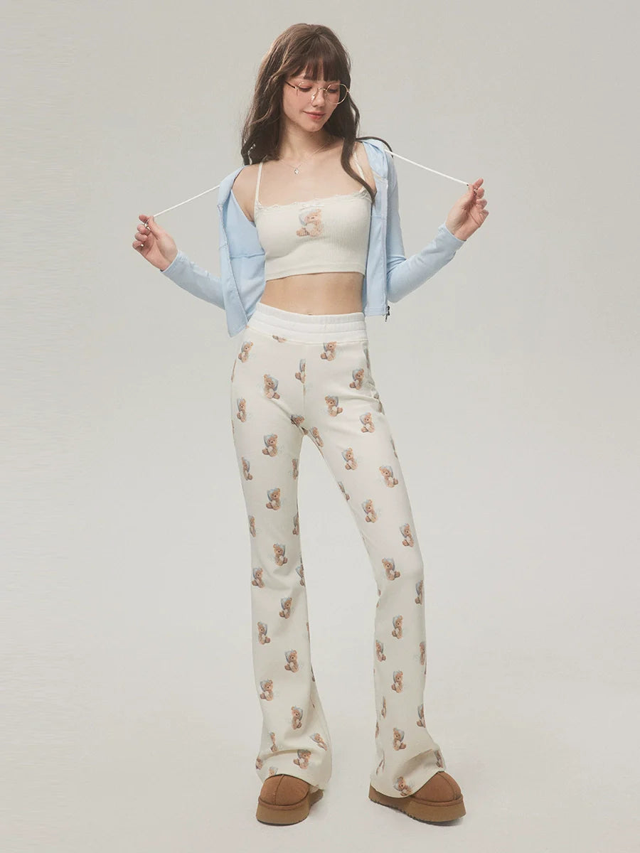 Trendy Bear Print Casual Pants With Subtle Flare Leg