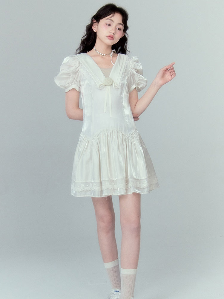 Rose Streamer Puff Sleeve V-Neck Dress