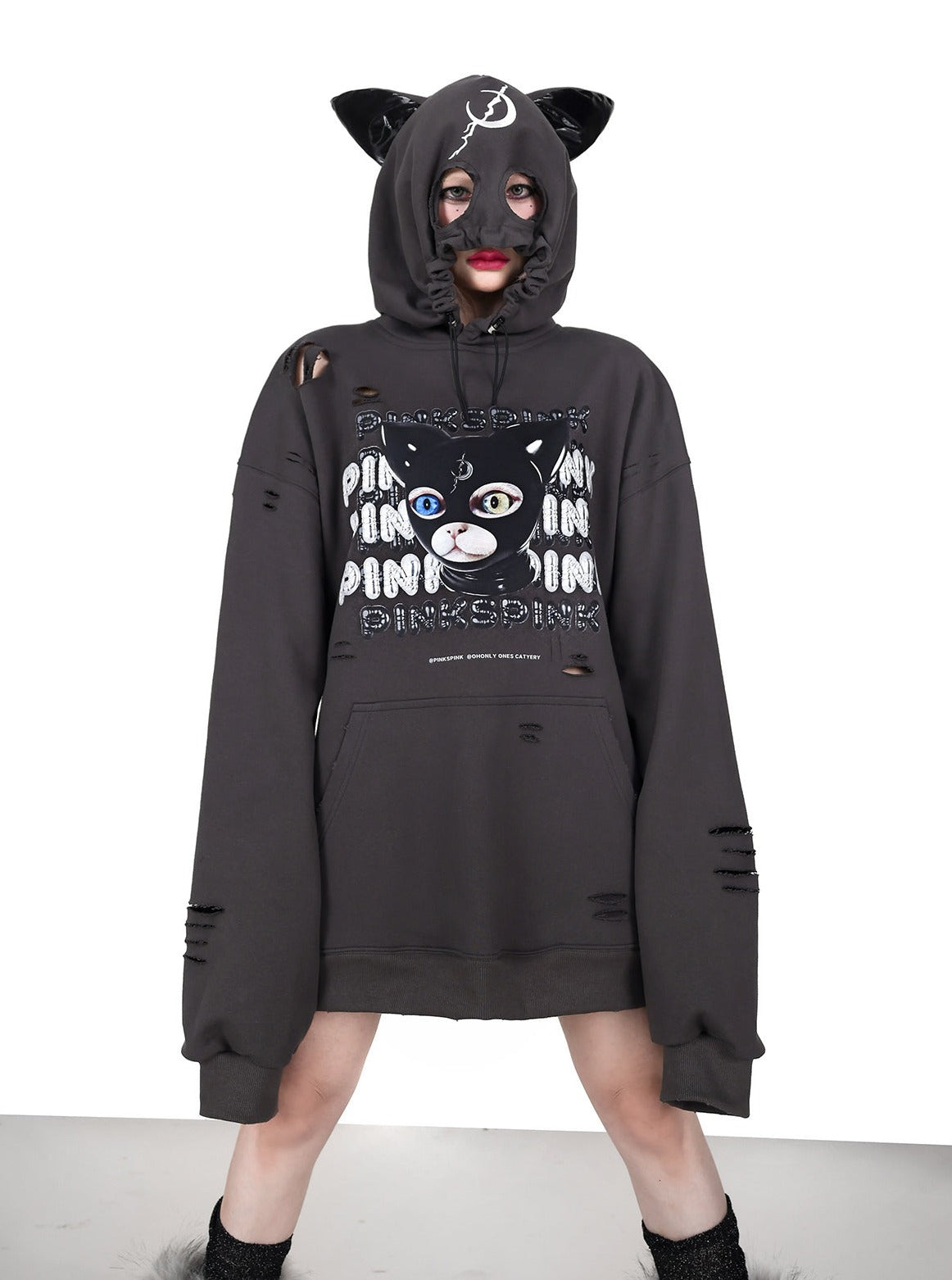 PINKSPINK Punk Cat Masked Hoodie - Dark Grey
