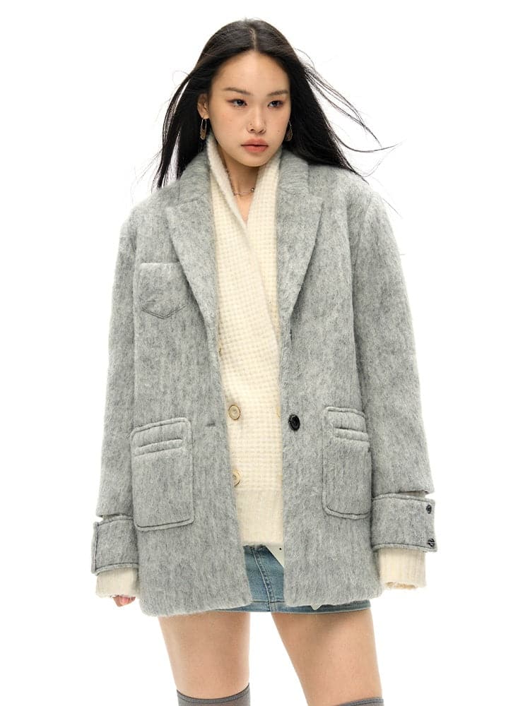 Slit Cuffs Wool Blend Oversize Jacket Coat