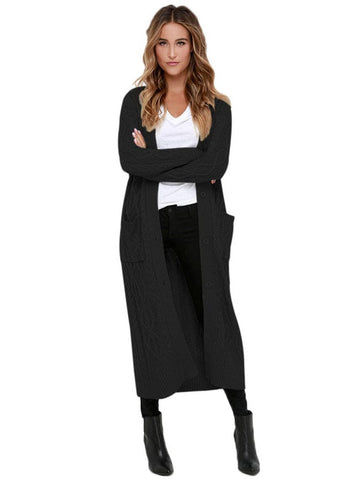 Fashionable Women's Solid Color Knit Cardigan with Long Sleeves and Button Pockets