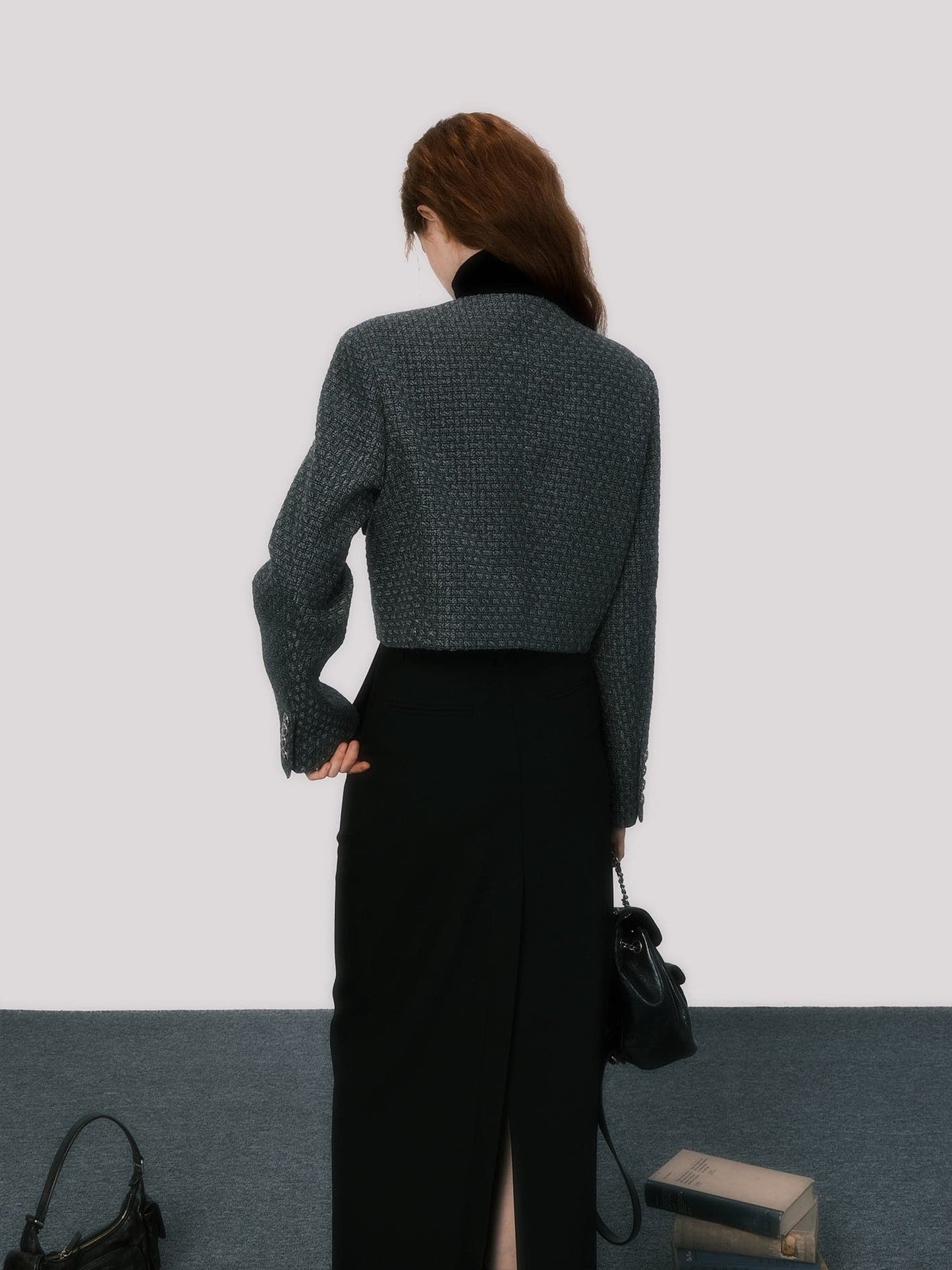 Sleek No-Collar Tweed Short Jacket