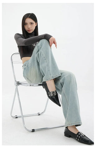 Blue Retro Loose Straight-Leg High-Waist Floor-Length Jeans