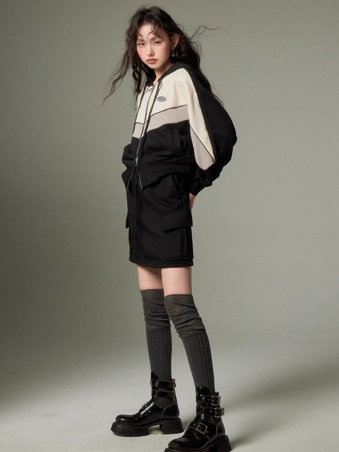 Sporty Zip-Up Hoodie & Flared Skirt