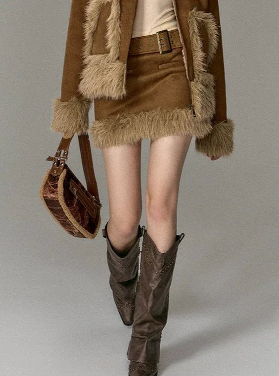 Suede Fur Skirt And Jacket Two-Piece Set