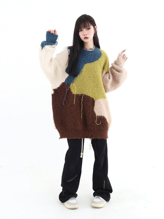 Color Blocked Tassel Detail Fluffy Sweater