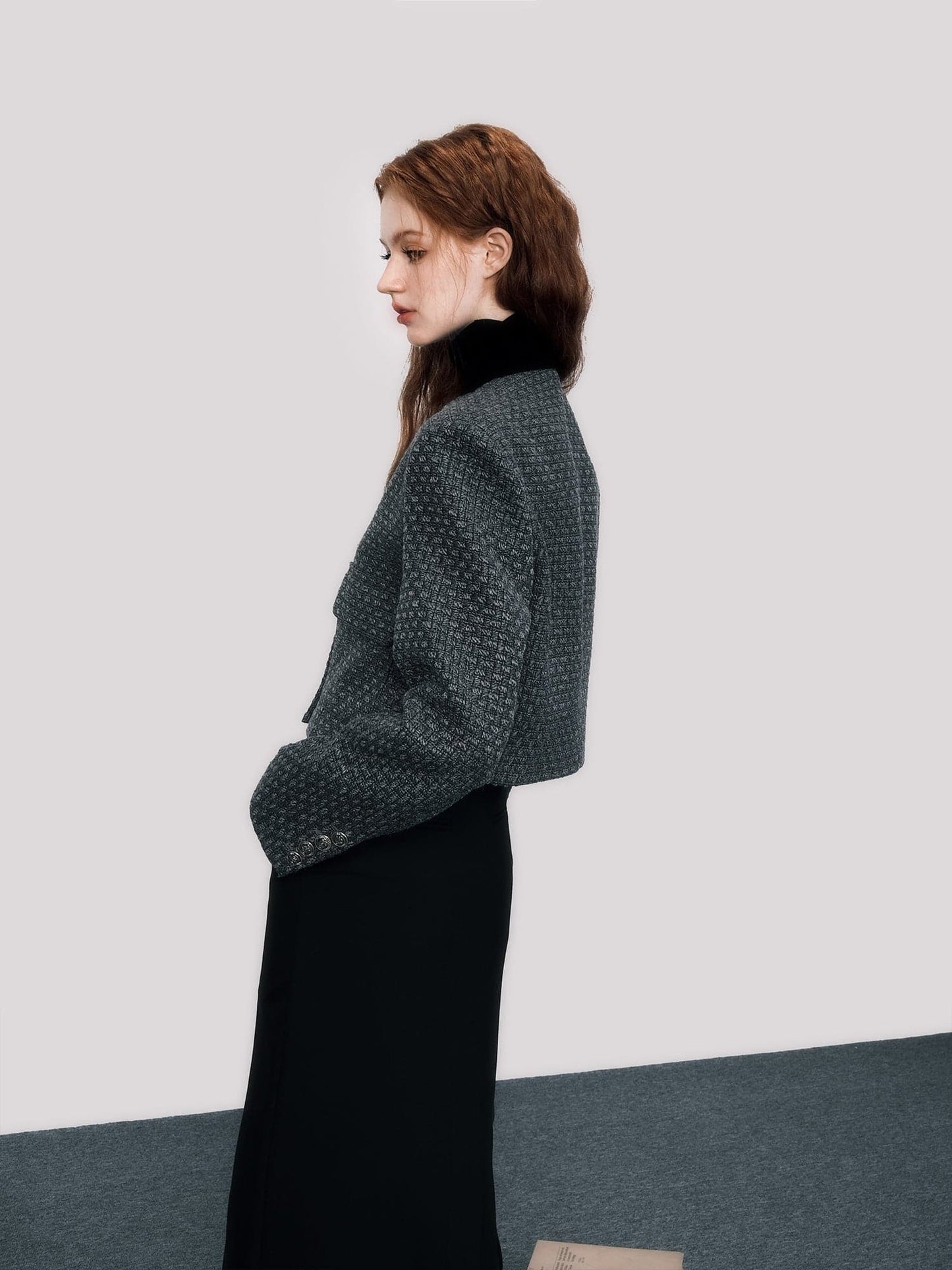 Sleek No-Collar Tweed Short Jacket