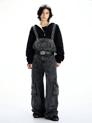 Detachable Suspender Washed Multi-Pocket Cargo Jeans