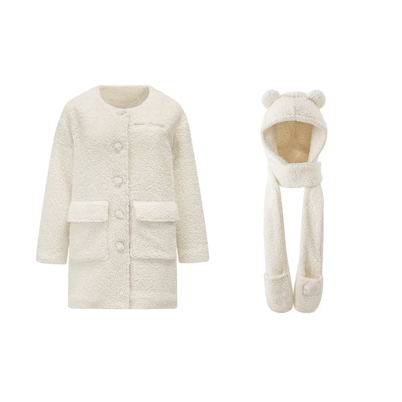 1Jinn Classic Regular Pajamas Set With Straight Cut Home Suit, Plush Jacket And Teddy Bear Ear Hat