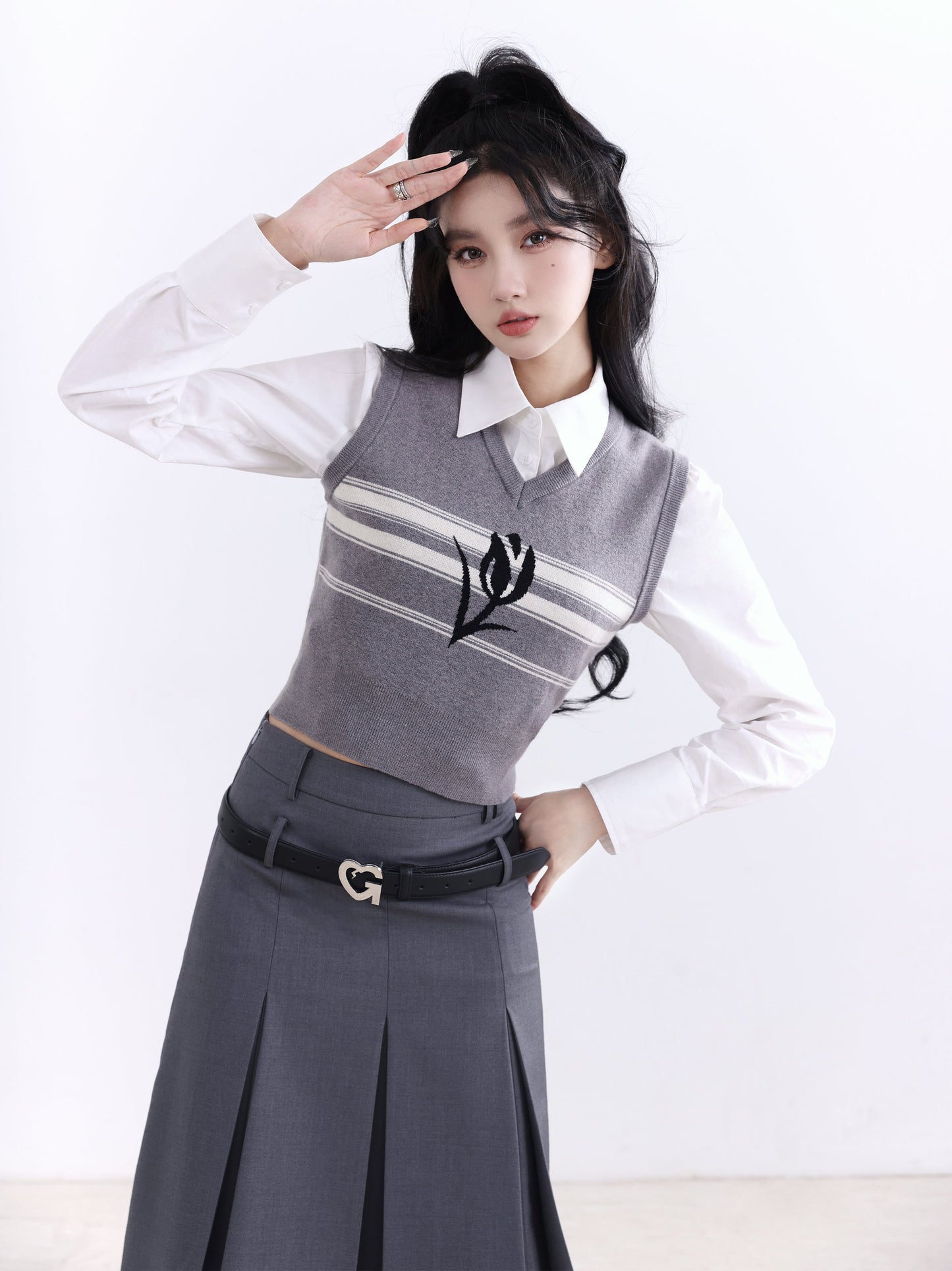 Preppy Academia Three-Piece Ensemble: Cropped Shirt, Floral Vest, and Pleated Skirt