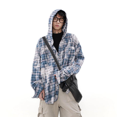 Mrnearly Distressed Plaid Hooded Overshirt - Unisex Grunge-Inspired Outerwear